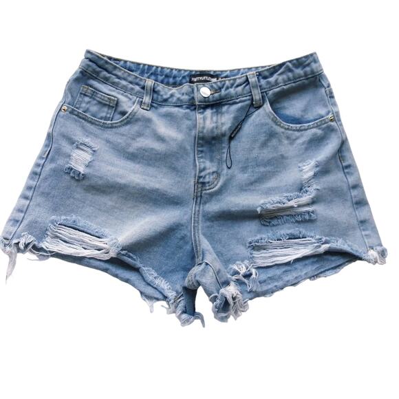 Pretty Little Thing Size 8 Denim Jean Shorts Cutoffs Distressed Boho Festival - Picture 1 of 10